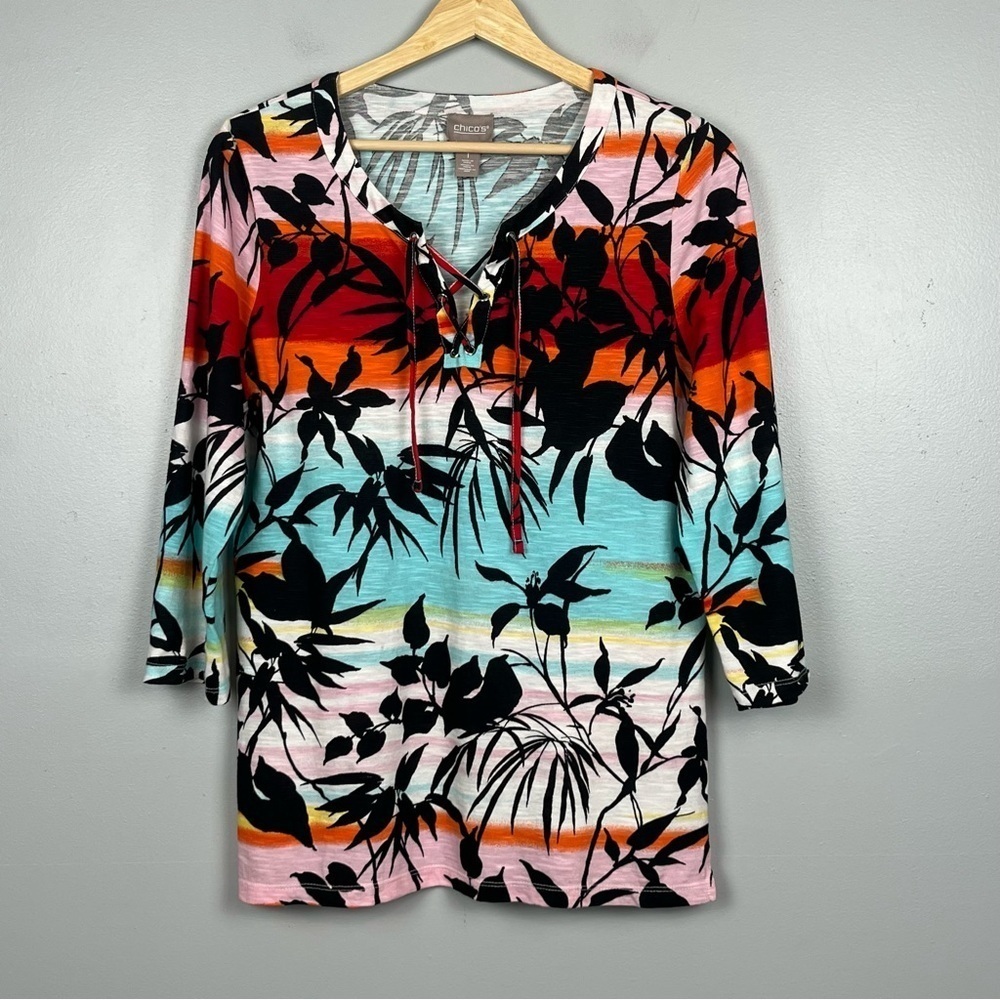 Chico’s rainbow tropical 3/4 sleeve laceup neckline 100% cotton top, medium.
